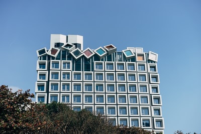 White and blue concrete buildings
